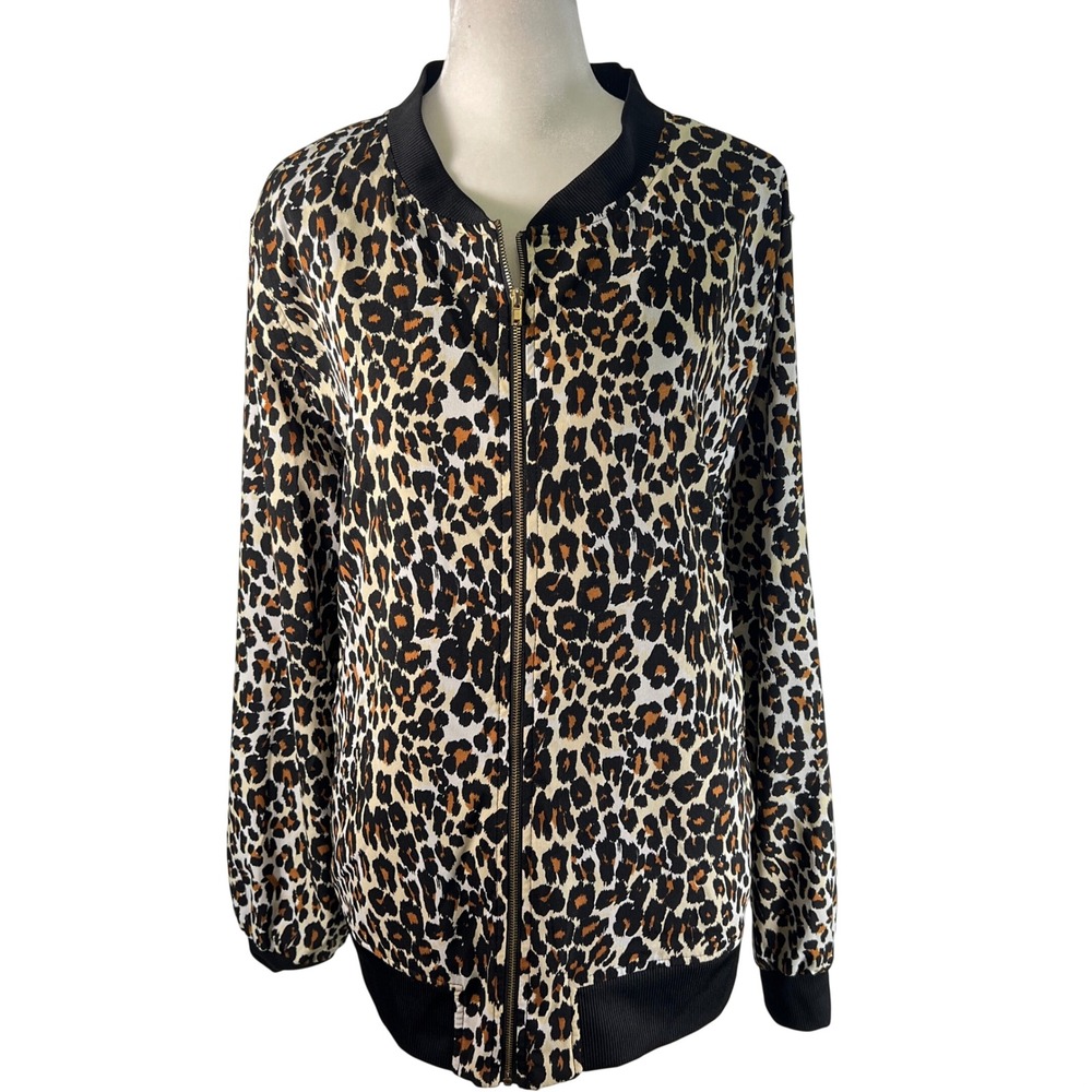 Jaclyn Smith Womens Leopard Print Zip Up Bomber Jacket XL Tan Black Animal Print